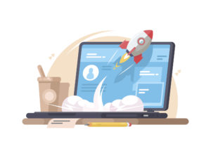 Successful launch of website. Rocket flies up from laptop. Vector illustration